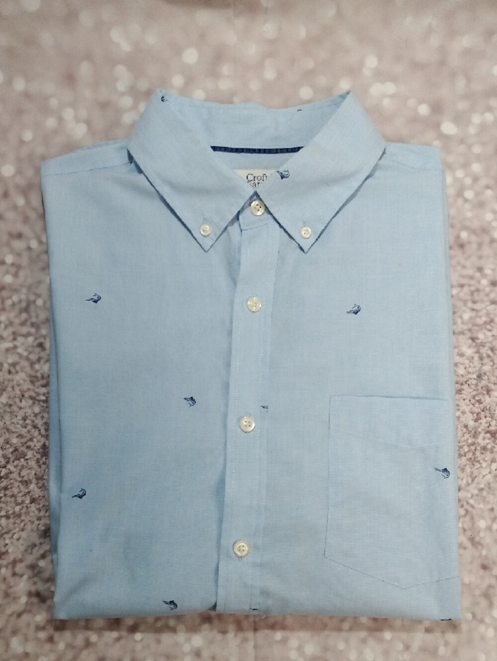croft & barrow light blue short-sleeve button-down with navy micro-embroidery